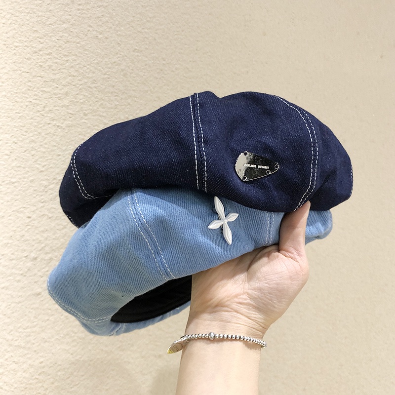 Nón Beret Denim Đính Nhãn Kim Loại Kiểu Họa Sĩ Thời Trang Hàn Quốc Dễ Phối Đồ