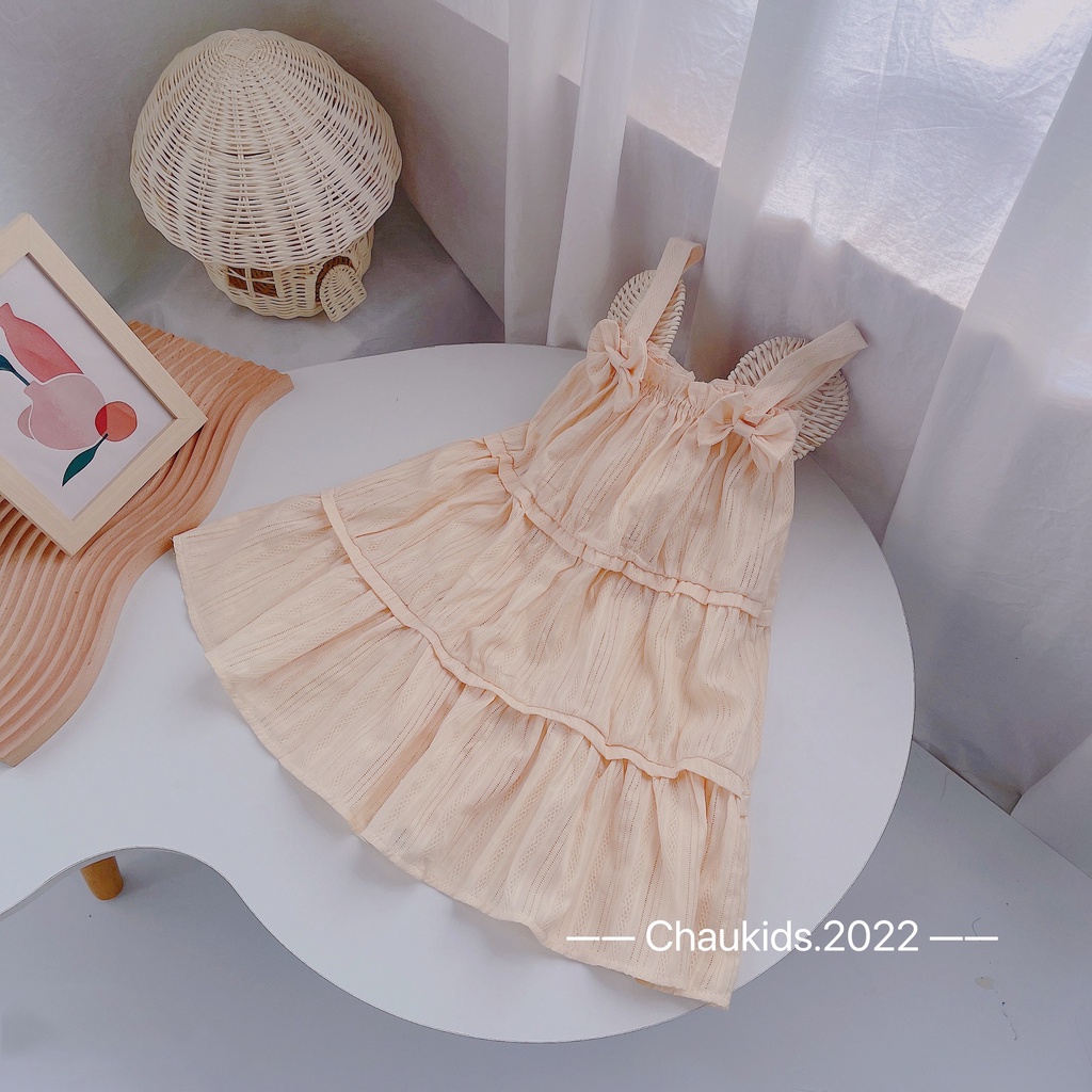 Váy babydoll dáng xòe 3 tầng cho bé gái, váy 2 dây nơ 2 bên chất thô giả 3 tầng cho bé