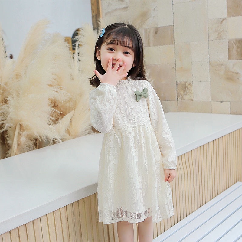 Váy ren dài tay lót vải thô đính nơ nhỏ cực xinh cho bé gái