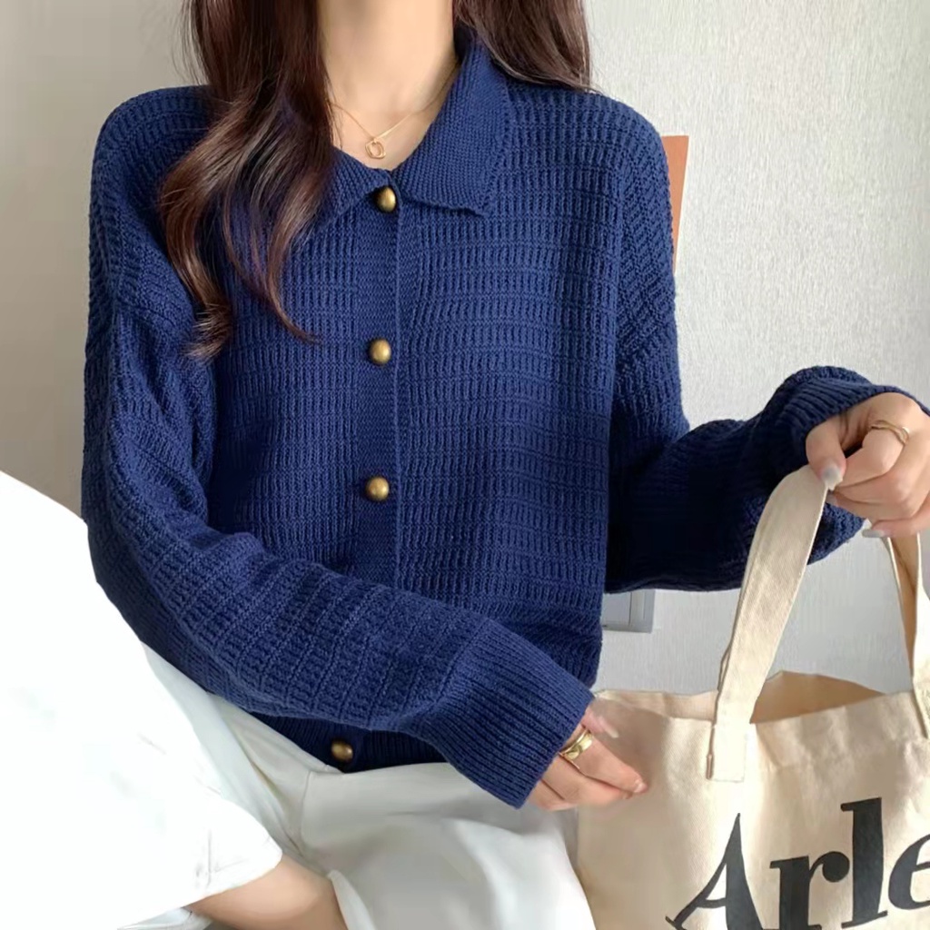Áo Khoác Cardigan Dệt Kim Dáng Rộng Màu Sắc Đơn Giản Phong Cách Retro Hàn Quốc