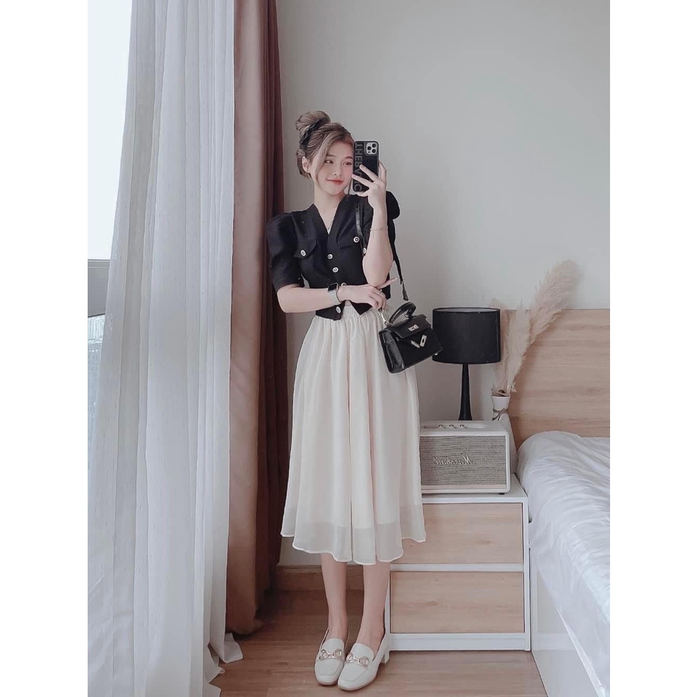 Sét áo và chân váy nữ ,set áo crotop cúc ngọc tay bông chân váy trắng, sét chân váy trắng
