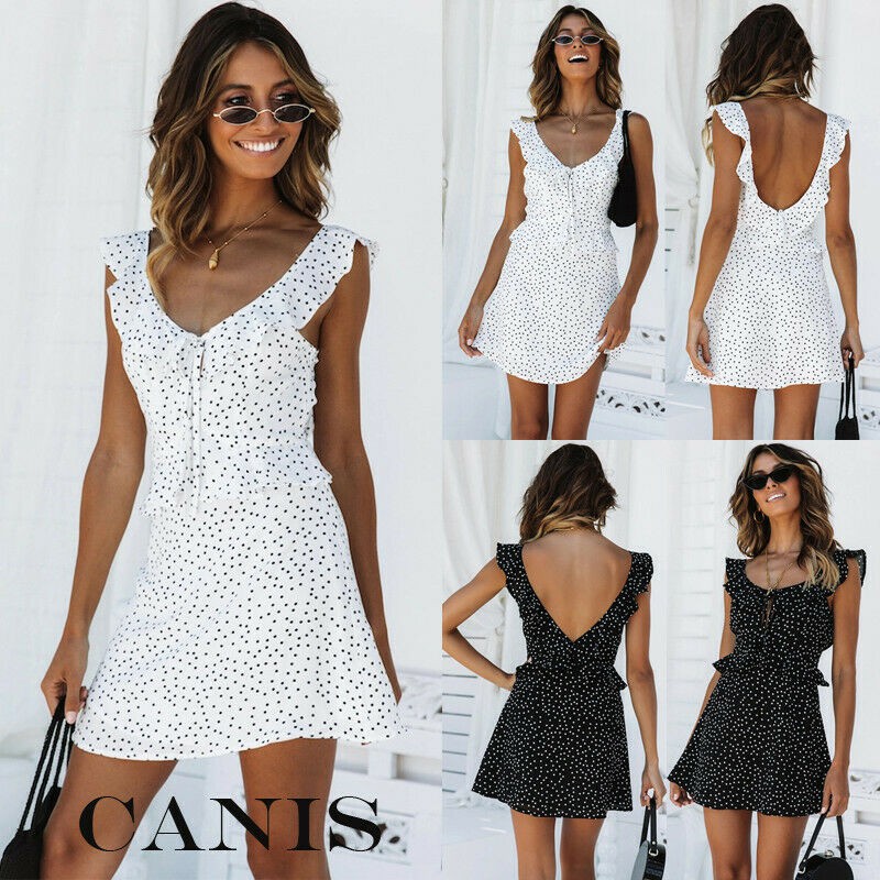 Đầm polyester ngắn không tay hở lưng in họa tiết chấm bi quyến rũ cho nữ