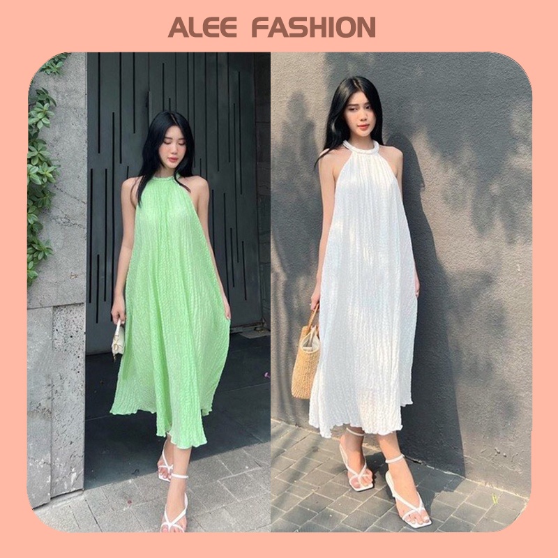 Đầm nữ cổ yếm, váy đũi thái xốp nhăn mặc dự tiệt tiểu thư xinh maxi đi biển du lịch kiểu suông nhà Alee