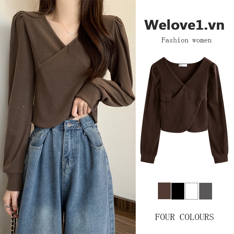 Áo Thun Lửng Tay Dài Cổ V Màu Nâu Phong Cách Retro Dành Cho Nữ