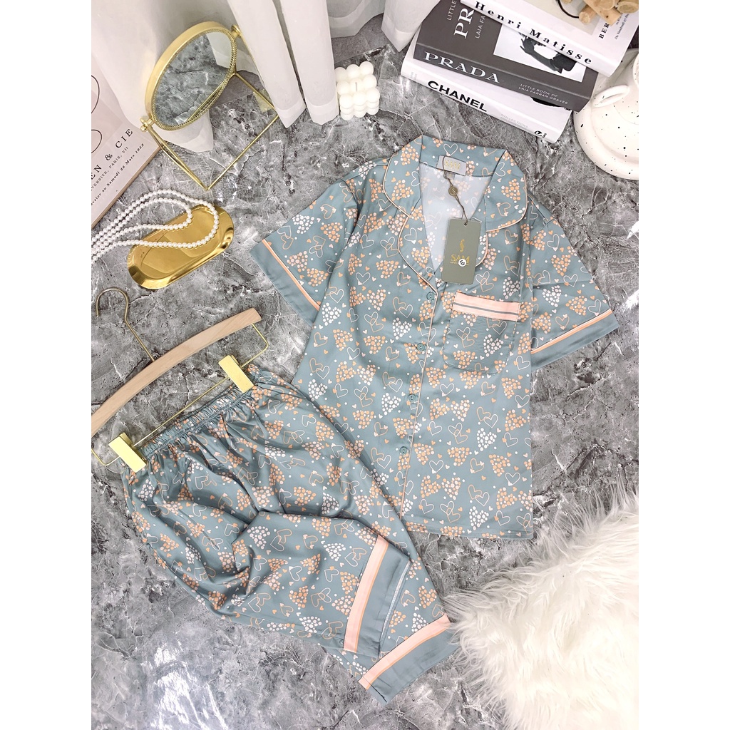 Bộ đồ pijama nữ mặc nhà Sam, set đồ lụa Luxury mặc nhà cao cấp, thiết kế dáng ngố họa tiết tim nhí đơn giản trẻ trung