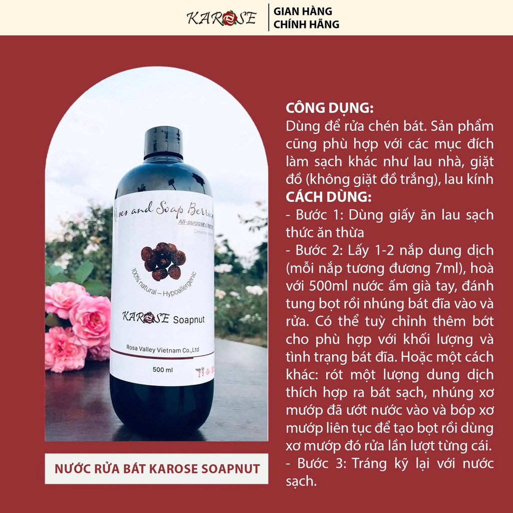 (Date mới tinh, 500ml) Nước rửa chén hữu cơ bồ hòn hoa hồng KAROSE SOAPNUT
