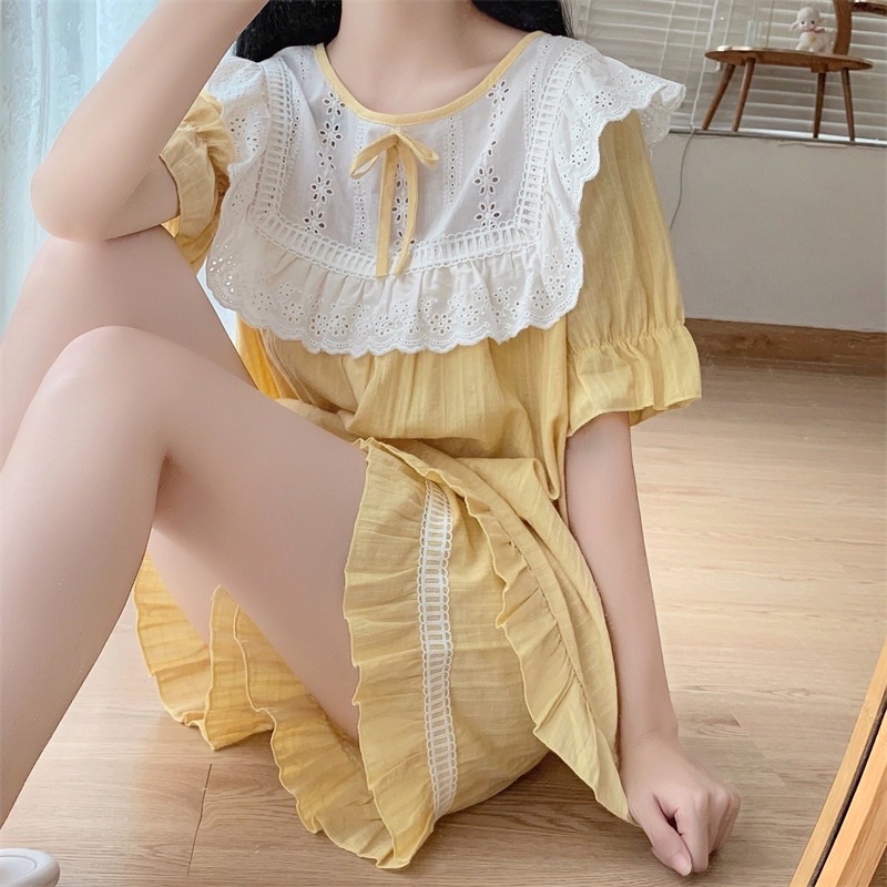 SET BỘ MẶC NHÀ CỘC TAY THÔ VÀNG CỔ BÈO TRẮNG rẻ nhất shopee