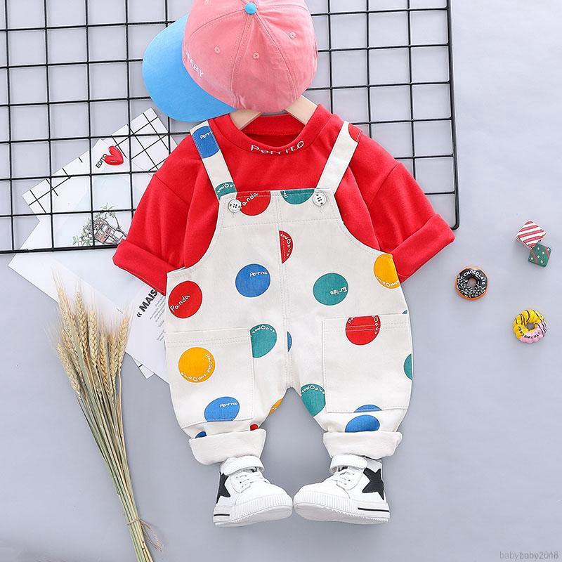 Set áo thun dài tay cổ tròn + Quần yếm chấm bi thời trang cho bé trai gái