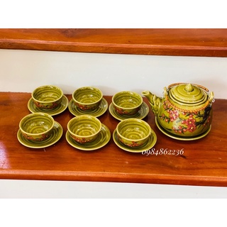 Bộ ấm chén vẽ hoa đào nổi men bã chè Bát Tràng - Bộ ấm chén đẹp