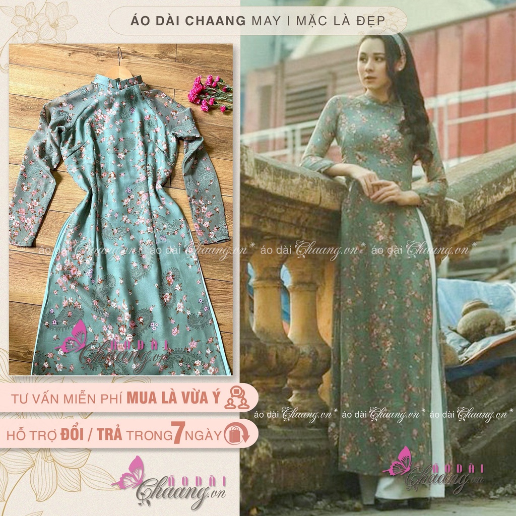 Áo dài hoa nhí 4 tà Chaang may sẵn áo dài xanh rêu truyền thống dự tiệc lễ tết đẹp