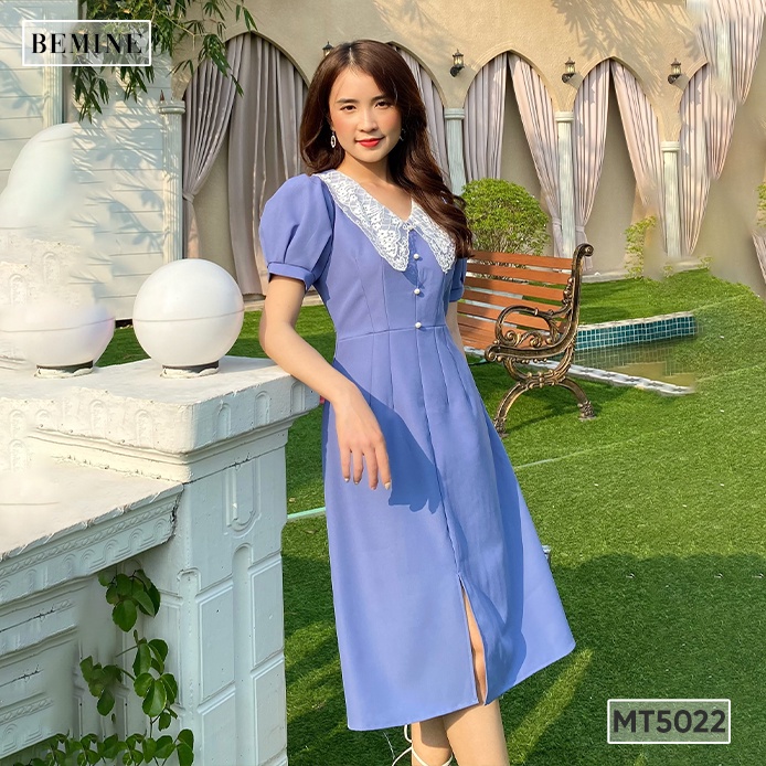 Đầm trơn cổ ren đính hạt BEMINE MT5022XANHLAM