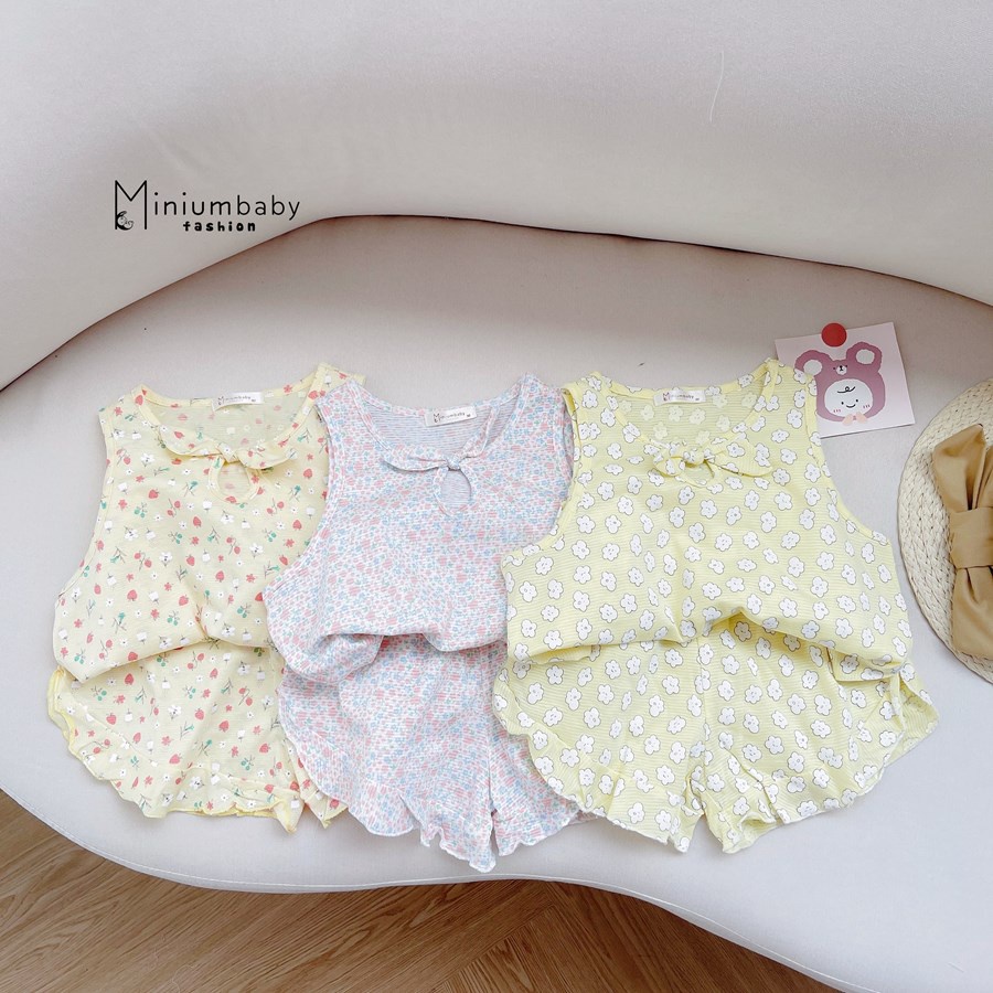Bộ đồ thiết kế hè sát nách hoa nơ ngực 100% cotton cho bé gái mềm mát thông thoáng, quần áo trẻ em Minium-SB1239