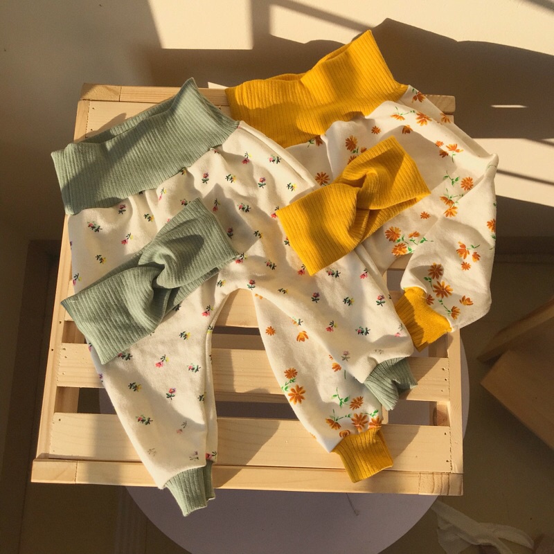 Sét quần dài mix turban cho bé, quần đóng bỉm không chun cạp vải siêu co giãn