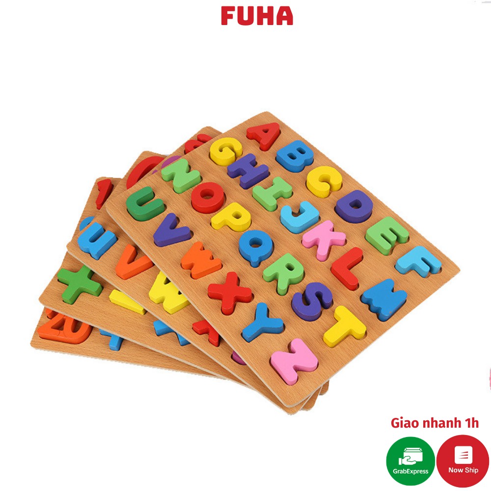 Đồ chơi gỗ cho bé FUHA, bảng ghép chữ cái tiếng việt bảng ghép số và phép tính