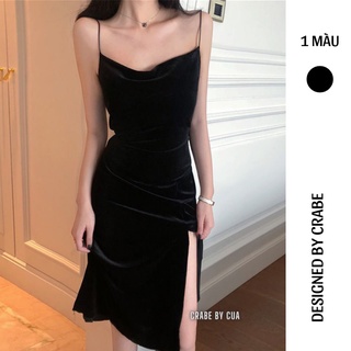 [SẴN] Váy/Đầm nhung hai dây thắt eo ôm body cổ đổ xẻ tà chân chiết eo quyến rũ sexy CRABE FASHION
