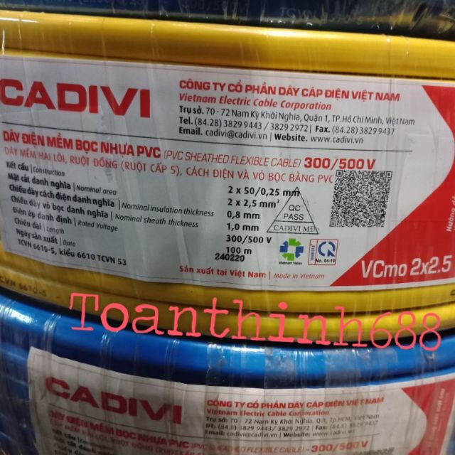 50mét dây điện đôi VCmo2x2.5mm²(2x50) cadivi 2 lớp vỏ bọc dẹp