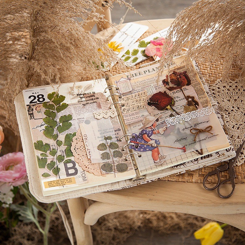 Túi sticker hình dán hoa lá vintage trang trí sổ planner