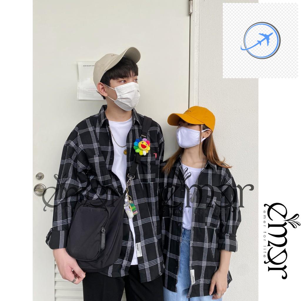 👰🤵 Áo Sơ Mi Nam Nữ Dài Tay Form Rộng Kẻ Sọc Caro Cổ Bẻ Unisex Oversize E'mer Phong Cách Hàn Quốc 👰🤵