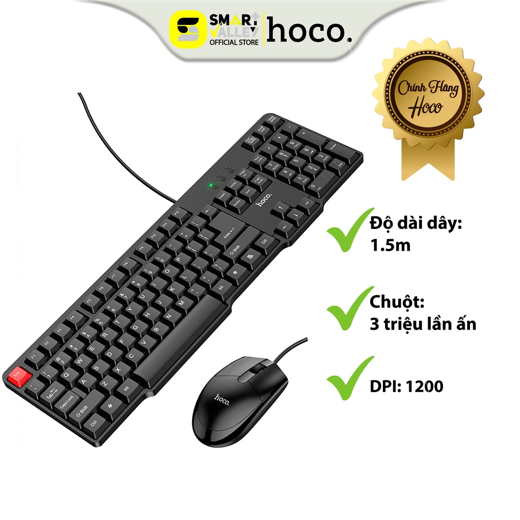 Combo Chuột Phím Có Dây Tĩnh Âm Hoco GM16 - Fullsize, Có Phím Số, Bền Bỉ, Chống Tràn, Độ Nhạy Cao, Mượt Mà Trơn Tru.