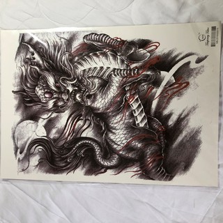 Hình xăm dán kín lưng cao cấp kì lân lửa trắng đen 34x48cm