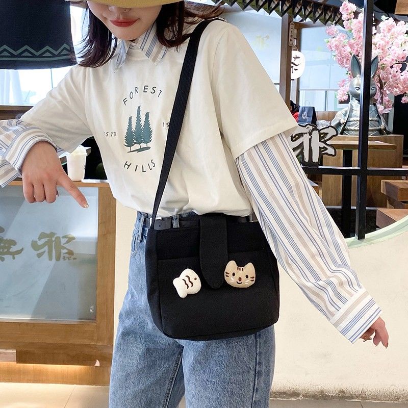 Túi Đeo Vai Vải Canvas Cỡ Nhỏ Phong Cách Nhật Hàn Dễ Thương Cho Bạn Gái