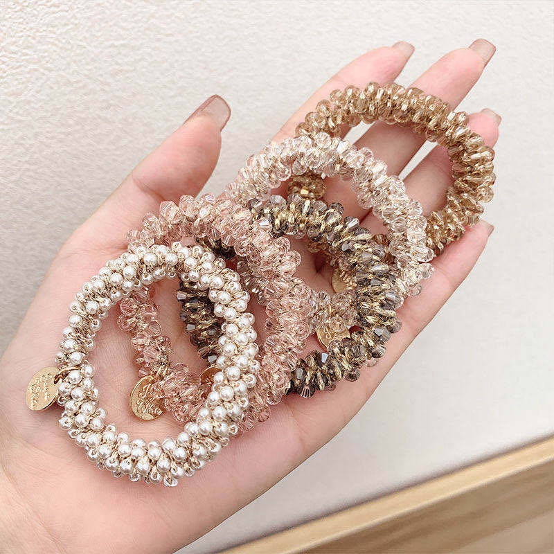 1 Dây Cột Tóc Cao Su Co Giãn Đính Hạt Pha Lê Và Ngọc Trai Thời Trang Mới Cho Nữ