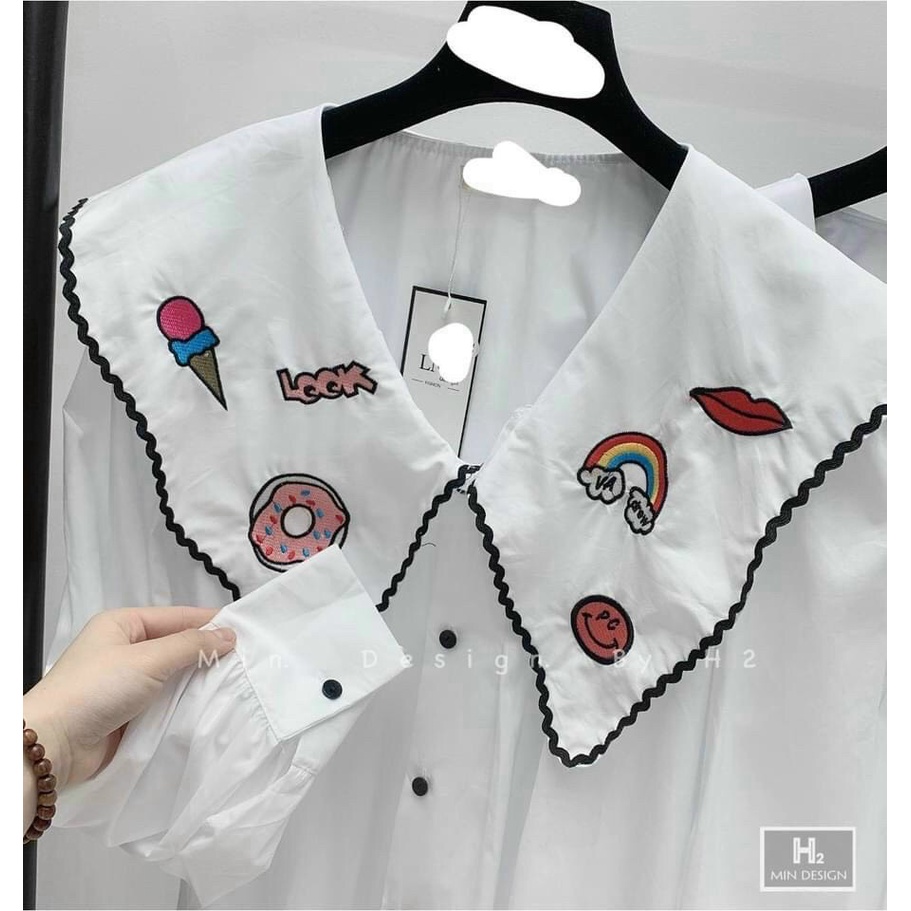 SẴN Áo sơmi cổ nhọn viền sticker siêu dễ thương form bầu bí bon chen được