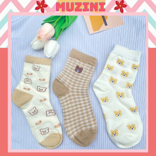 Tất cổ cao Muzini tất nữ tone nâu in họa tiết gấu dễ thương TN221