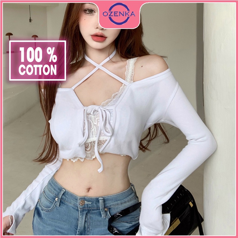 Áo cardigan croptop tay dài khoác ngoài nữ OZENKA , áo kiểu buộc dây gợi cảm thun gân cotton 100% màu đen trắng đẹp