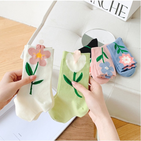 Vớ Cổ Vừa Họa Tiết Hoa Tulip Dễ Phối Đồ Thời Trang Xuân Hè Cho Nữ