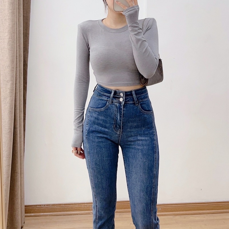 ( Ảnh thật ) 1127 Áo croptop cổ tròn tay dài