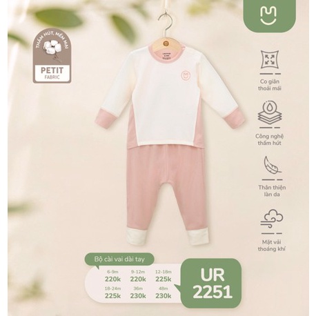 Bộ Uala Rogo dài tay cài vai Petit cao cấp mềm mịn thoáng mát thấm hút tốt trơn phối mẫu mới cho bé trai bé gái 2251