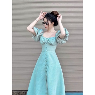 Váy midi tay bồng nút bọc thanh lịch