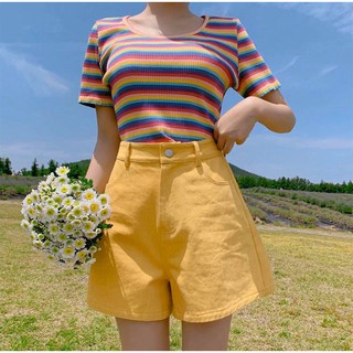 SET ĐỒ BASIC GỒM ÁO THUN SỌC NGANG NHIỀU MÀU + QUẦN SHORT VÀNG