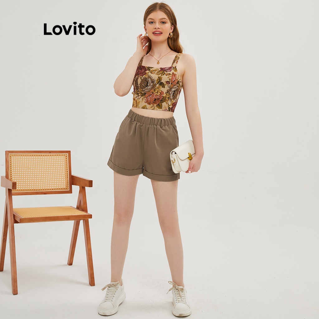 Lovito Quần short có túi thun trơn có túi ở eo vừa phải L20D064 (Kaki)