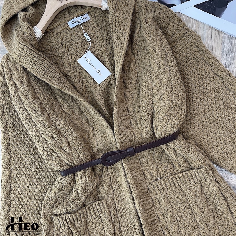 Áo khoác len mũ kèm đai nâu