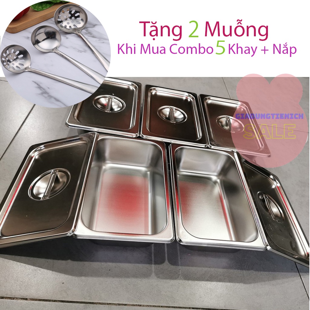 Combo 5 Khay Inox Đựng Thạch Topping Đựng Thực Phẩm Đựng Kem GN 1/4