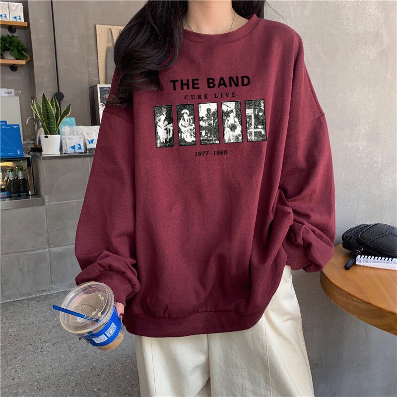 Áo Sweater From Rộng AVALA Dài Tay In Hình The Band Màu Đỏ Siêu Chất Ulzzang