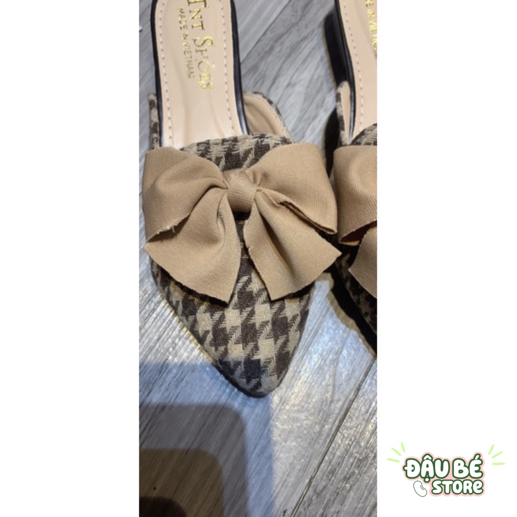Giày Sục Nơ Caro Nâu Mũi Nhọn Thời Trang Cá Tính Nữ - Dép Sục Nữ Đế Bệt Sang Chảnh Chống Trơn Trượt - Daube - G030