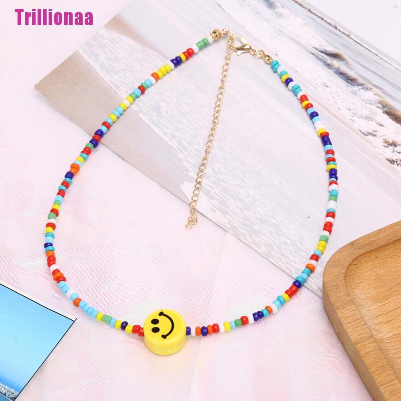 [Trillionaa] Vòng Cổ Choker Chuỗi Hạt Nhiều Màu Sắc Mặt Cười Phong Cách Bohemia