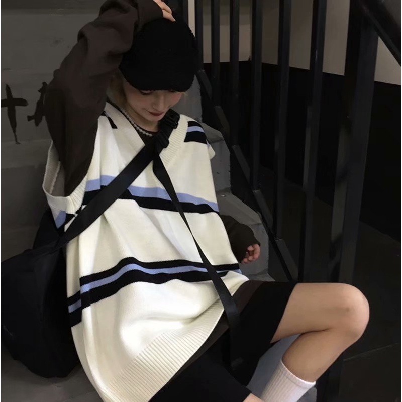 Áo Sweater dệt kim không tay cổ chữ V dáng rộng phong cách Retro Hàn Quốc thời trang cho nam và nữ