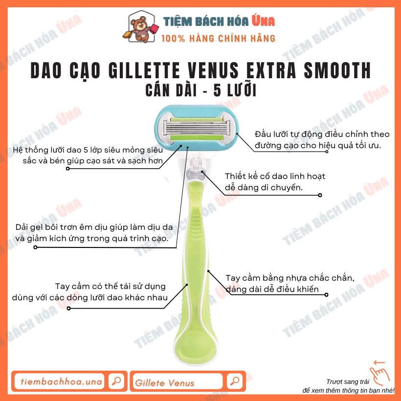 Dao cạo lông nữ Gillette Venus EXTRA SMOOTH cán dài, lưỡi dao 5 lớp có thể thay thế và tái sử dụng