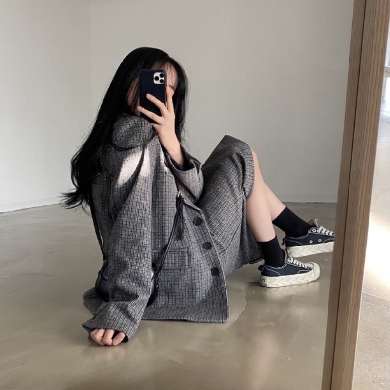 Set áo blazer caro chân váy chữ A