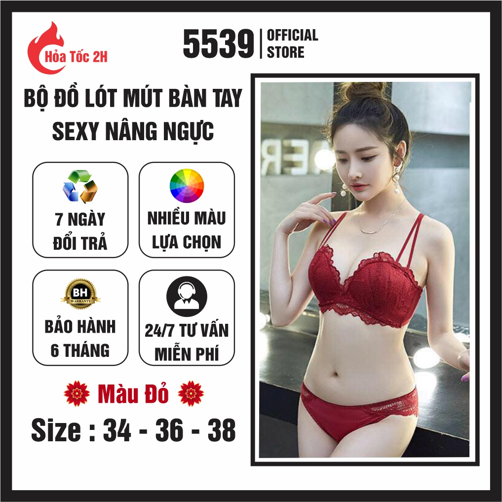 Bộ đồ lót nữ ren, set đồ lót nữ sexy nâng ngực mút bàn tay, mút dày, không gọng, cup ngang, bản to cài 3 - Shop 5539
