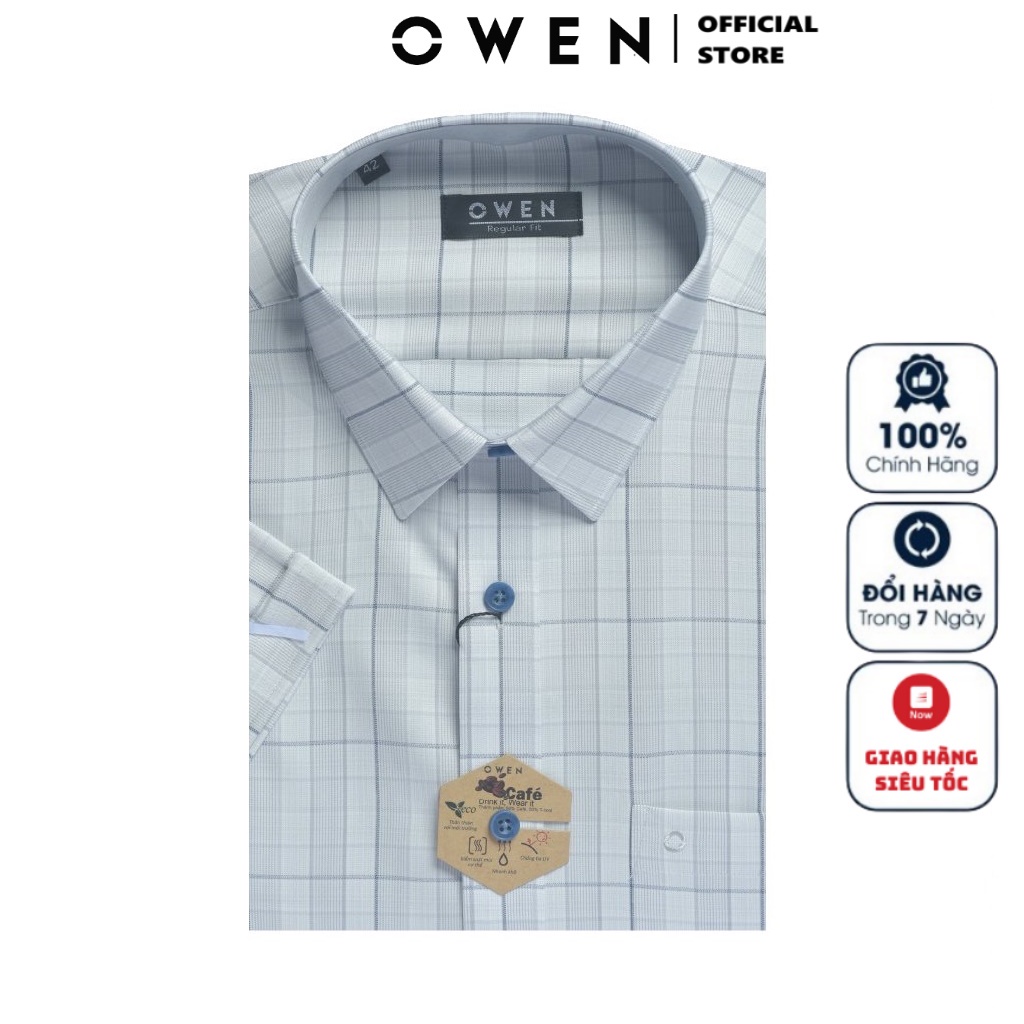 Áo Sơ Mi Nam Ngắn Tay OWEN AR220104NT Somi Công Sở Cao Cấp Màu Kẻ Caro Ghi Xanh Vải Sợi Café Dáng Suông Tà Lượn Có Túi