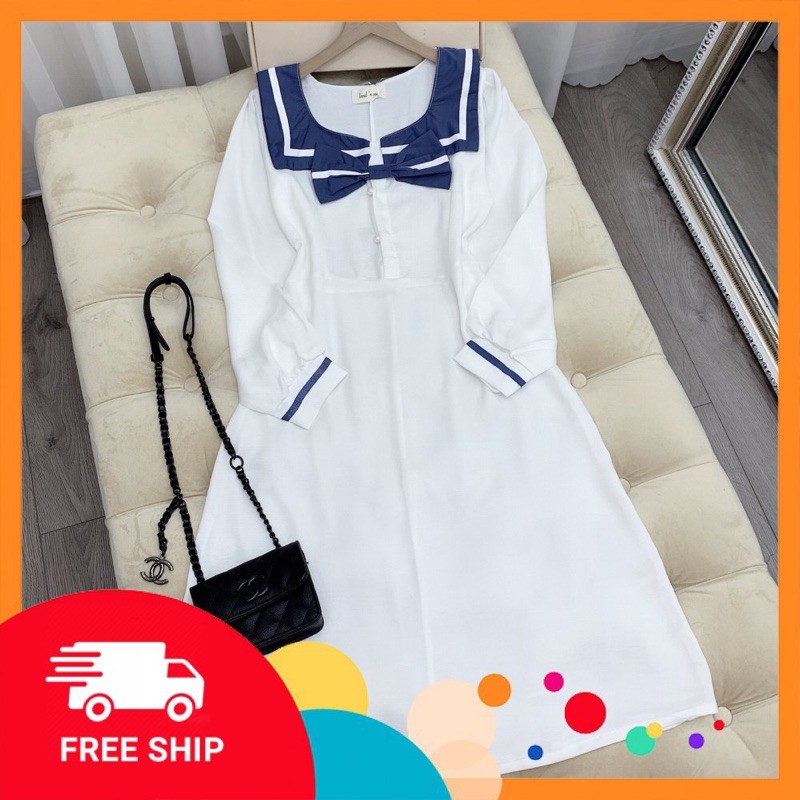 Váy trắng thuỷ thủ siêu hot Chất lụa tằm qc cao cấp cực đẹp mát Cúc ngọc cổ đơm tay tỉ mỉ May dài y mẫu