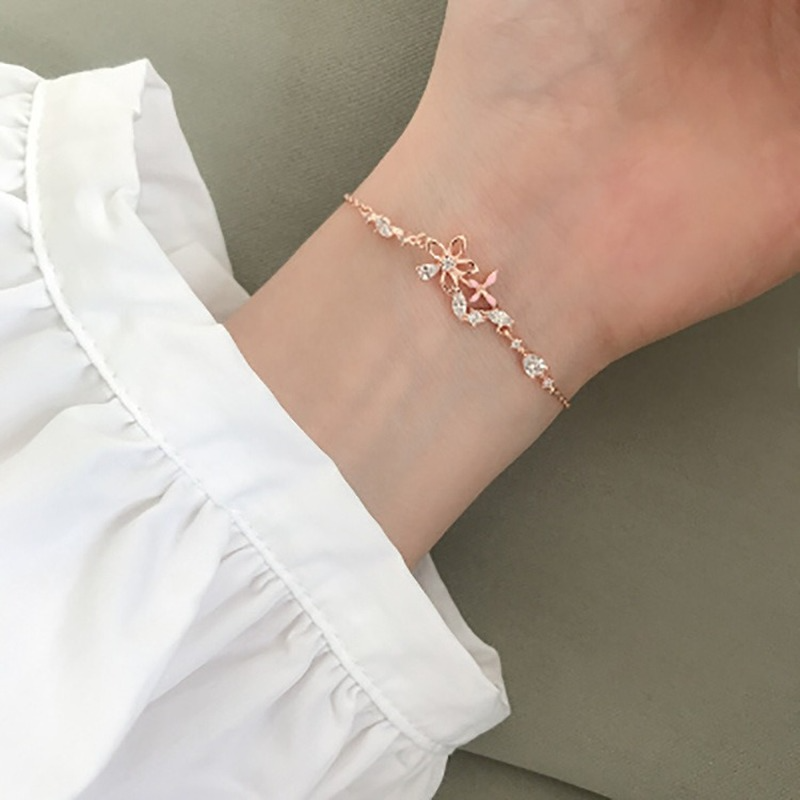 [Mã FASHIONT4FA2 giảm 10K đơn 50K] Creative Butterfly Flower Design Charm Bracelet Zircon Rose Gold Color Women Bangle Metal Bracelet Jewelry