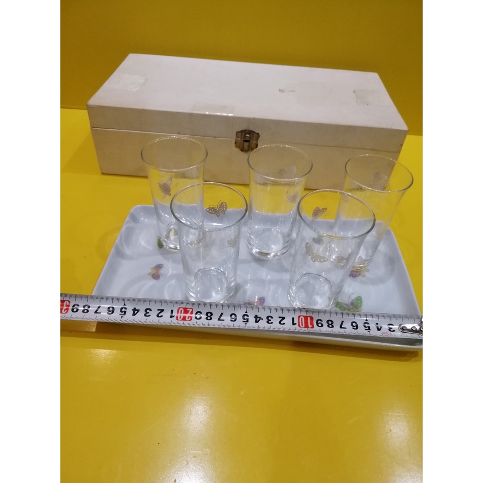 Bộ 5 cốc thủy tinh và khay đựng bằng sứ nội địa Nhật (mã 970)