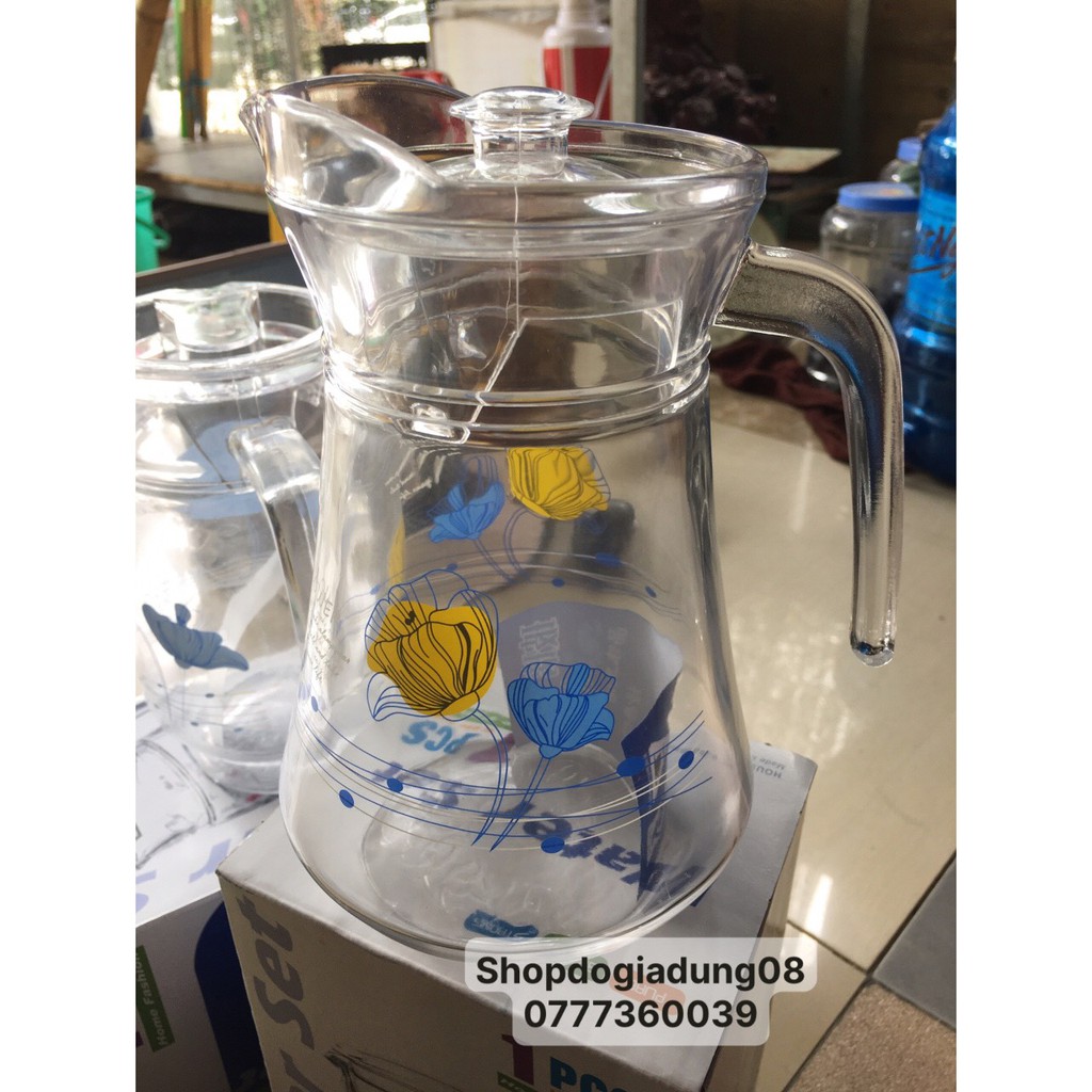 BÌNH THỦY TINH RÓT NƯỚC 1.6 LÍT CAO CẤP IN HÌNH HOA VĂN MÀU NGẪU NHIÊN