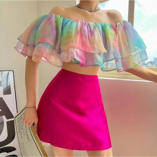 Set áo trễ vai cầu vồng phối chân váy chữ A